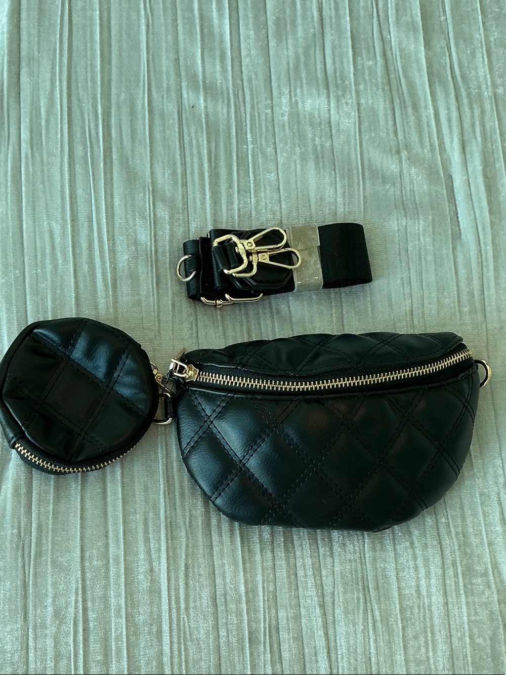 Quilted Black Leather Belt Bag with Coin Pouch